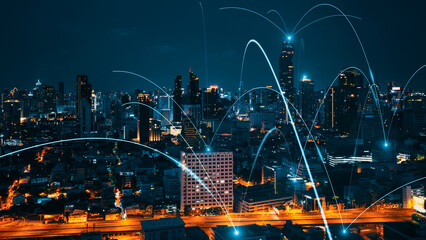 Smart digital city with connection network reciprocity over the cityscape . Concept of future smart wireless digital city and social media networking systems that connects people within the city . - obrazy, fototapety, plakaty