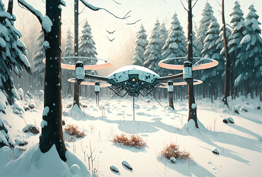 modern drone in a winter woodland covered in snow. Generative AI