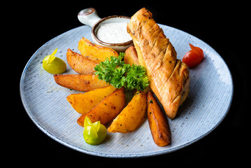Chicken chop steak with french fries on blue plate isolated on black background side view