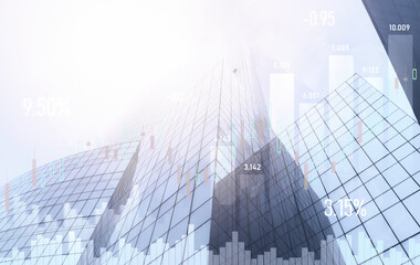 Financial graphs and digital indicators overlap with modernistic urban area, skyscrabber for stock market business concept. Double exposure.