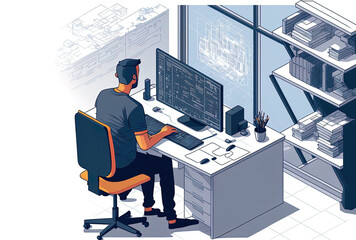 Over the shoulder view of an engineer using desktop CAD software while working on building blueprints. designer working long hours, developing, and researching utilizing architectural plans of structu