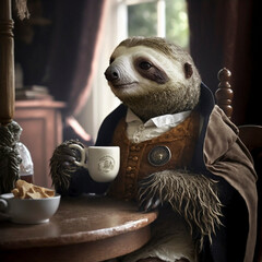 A sloth wearing victorian clothing - Generted by generative AI - obrazy, fototapety, plakaty