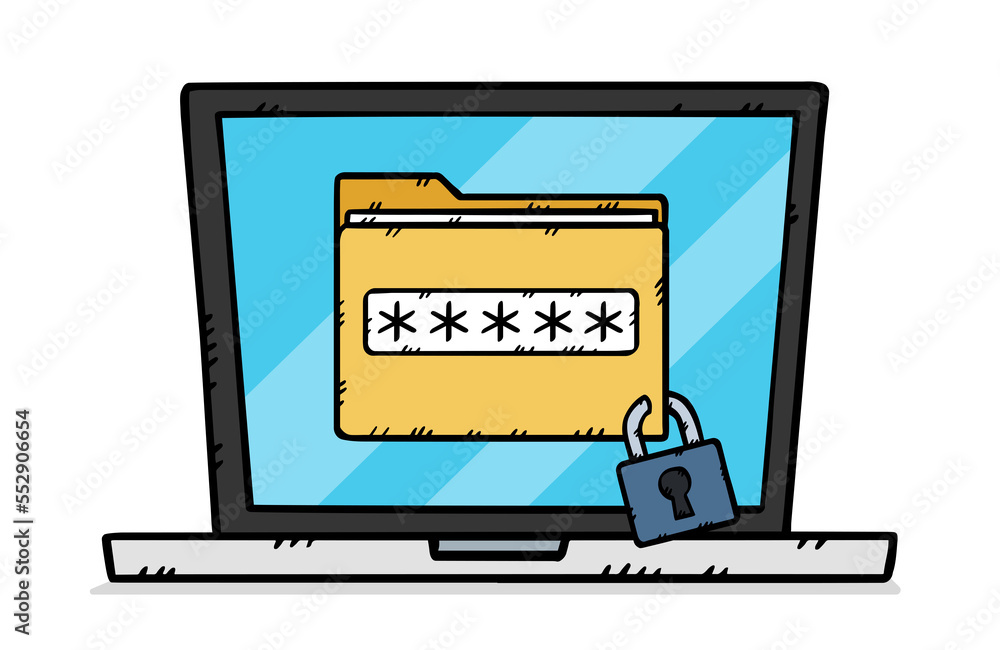 Poster the folder file displayed on the laptop screen is protected by a password. data protection. hand-dra