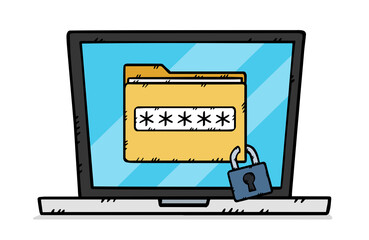 The folder file displayed on the laptop screen is protected by a password. Data protection. Hand-drawn illustration.
