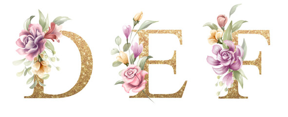 Golden alphabet set of D, E, F, with flowers and leaves watercolor for logo, wedding invitation, card, branding, initial, other concept ideas.  © Yorda