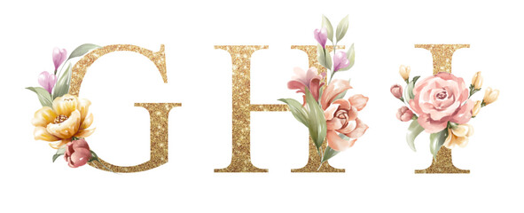 Golden alphabet set of G, H, I, with flowers and leaves watercolor for logo, wedding invitation, card, branding, initial, other concept ideas. © Yorda