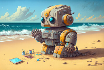 cute sci fi artwork of a robot on the beach. Generative AI