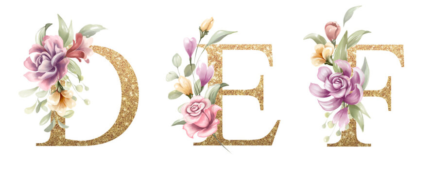 Golden alphabet set of D, E, F, with flowers and leaves watercolor for logo, wedding invitation, card, branding, initial, other concept ideas. 