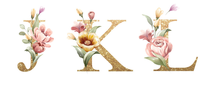 Golden alphabet set of J, K, L, with flowers and leaves watercolor for logo, wedding invitation, card, branding, initial, other concept ideas. 