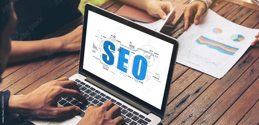 Poster seo search engine optimization for modish e-commerce and online retail business showing on computer 
