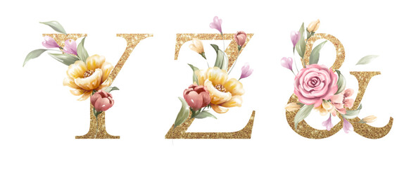 Golden alphabet set of Y, Z, &, with flowers and leaves watercolor for logo, wedding invitation, card, branding, initial, other concept ideas.  © Yorda