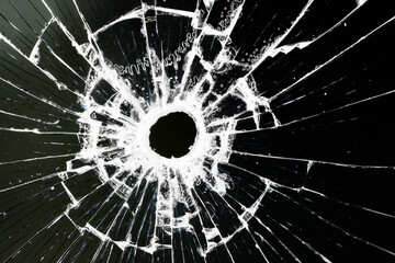 bullet hole on glass black background for overlay, transparent window