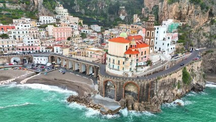 Italian riviera on Amalfi coast in the Mediterranean region, aerial view of colourful village of Amalfi, tourism or vacations in Italy