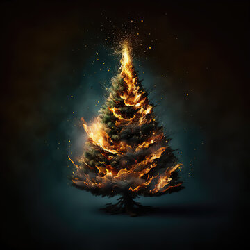 Burning Pine Tree on Black Background  | Midjourney Ai Generated