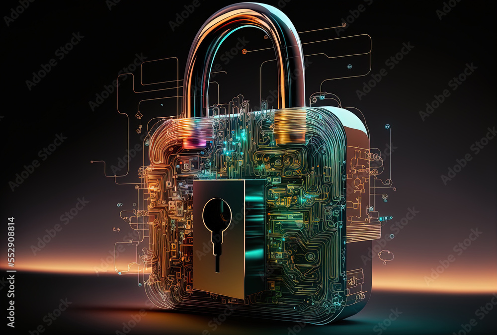 Poster cybersecurity illustration of a light lock with a microcircuit on a contemporary computer background