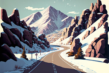 a road bordered by rugged mountains and snow covered slopes. Generative AI