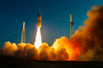 Orion spacecraft launch test in Cape Canaveral, Florida. Rocket launch with smoke debris. The elements of this image furnished by NASA.