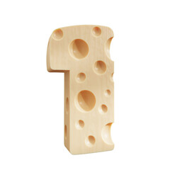 Cheese in the shape of a number 1, One cheese number on transparent background