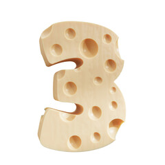 Cheese in the shape of a number 3, Three cheese number on transparent background