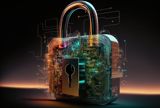Cybersecurity illustration of a light lock with a microcircuit on a contemporary computer background multiexposure. Generative AI