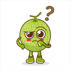 Cantaloupe Melon cartoon mascot character in a confused gesture