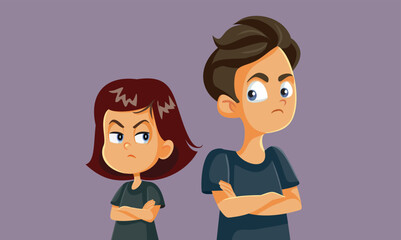 Big Brother Fighting with His Sister Vector Cartoon Illustration. Kids having a conflict not talking with each other
