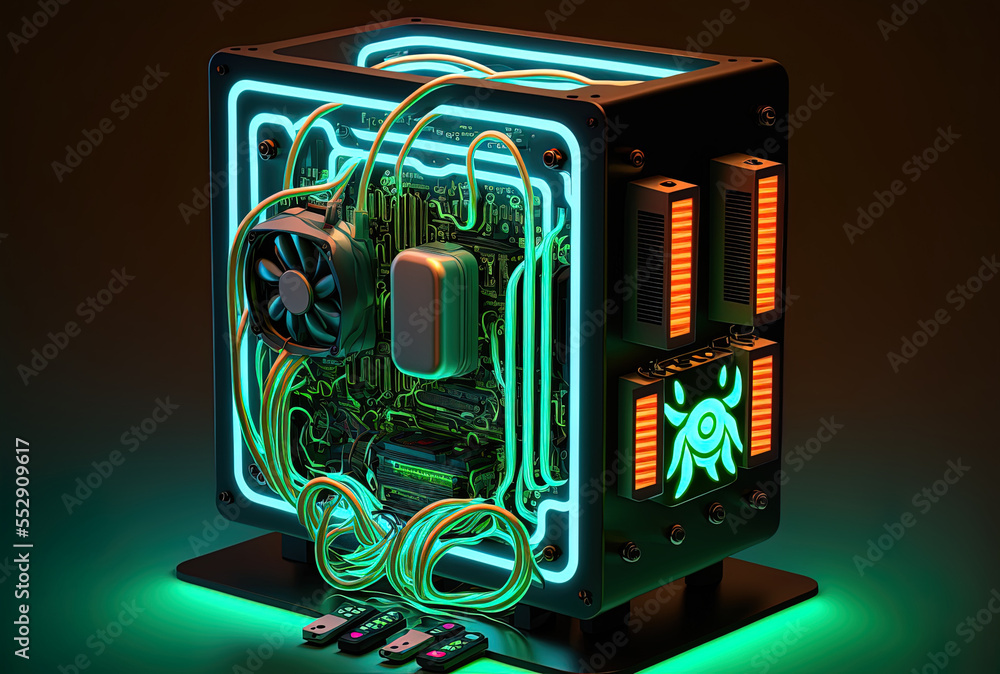 Aufkleber desktop computer with cpu processor cooling pump attached and functional led neon lights. generative