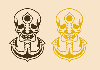 Vintage illustration design of anchor stuck in the skull