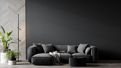 Living room in gray and black colors. Blank empty dark room interior. Design in minimalist style. Graphite modern sofa and herringbone beige accent. 3d render