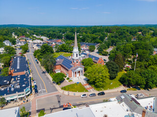 Aerial view of Wellesley Congregational Church and Central Street in town center of Wellesley, Massachusetts MA, USA.