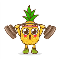 Cheerful pineapple holding barbell over his head. Active physical exercise.