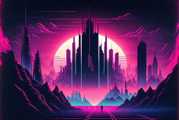 metaverse synthwave retrowave cyberpunk neon landscape with shimmering towers. Generative AI
