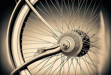 antique bicycle's rear wheel at a steep angle. Generative AI