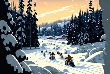 Fotobehang A snowy day in the northern part of Sweden with riders on snowmobiles in the distance. Generative AI © 2rogan