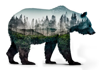 A grizzly bear and the Pacific Northwest, double exposure style photography. Generative AI - obrazy, fototapety, plakaty