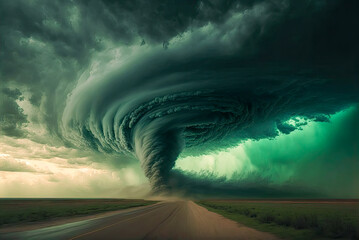 A large tornado, green sky. Generative AI - obrazy, fototapety, plakaty