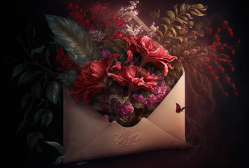 Valentine's Day or the notion of love. crimson, lovely flowers in an envelope. Generative AI