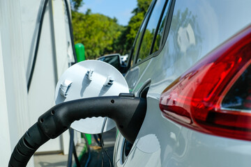 Electric car, EV, plug-in hybrid motor is charging . The eco transportation for climate change and zero emission.