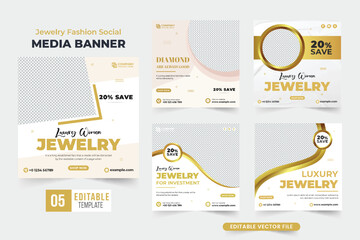 Luxury jewelry business advertisement template set with abstract shapes. Ornament sale social media post collection for digital marketing. Special jewelry promotional poster bundle with golden color.