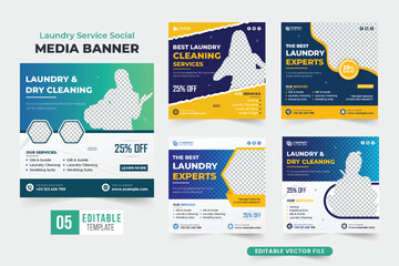 Laundry service social media post collection with dark and yellow colors. Laundry and dry cleaning service template bundle for marketing. Cloth washing promotional web banner set vector.
