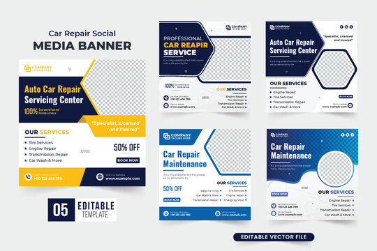 Car maintenance service garage promotion poster bundle design for marketing. Vehicle repair business advertisement web banner collection. Automobile maintenance social media post set vector.