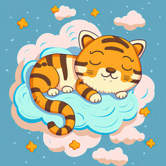Cute Tiger Sleep on a Cloud. KAWAII Stylish Comic Stamp. Flat Minimalist Design Art. For UI, WEB, Novel, Game, AD, Poster