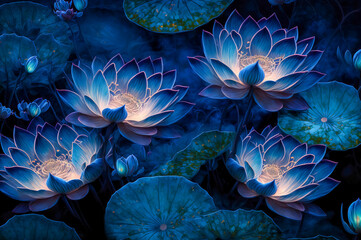 Beautiful blue waterlily or lotus flowers. floral background. Generative AI