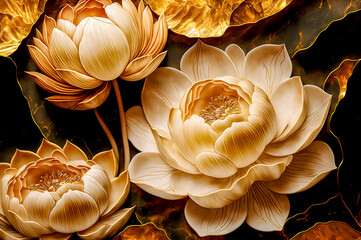 Beautiful gold waterlily or lotus flowers. floral background. Generative AI