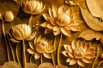 Beautiful gold waterlily or lotus flowers. floral background. Generative AI