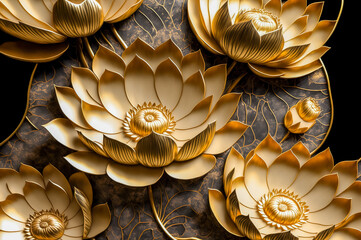 Beautiful gold waterlily or lotus flowers. floral background. Generative AI
