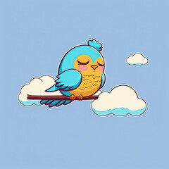 Cute Bird Sleep on a Cloud. KAWAII Stylish Comic Stamp. Flat Minimalist Design Art. For UI, WEB, Novel, Game, AD, Poster