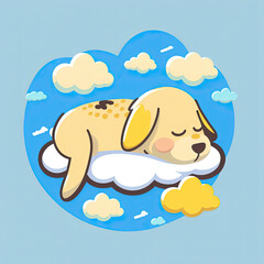 Cute Dog Sleep on a Cloud. KAWAII Stylish Comic Stamp. Flat Minimalist Design Art. For UI, WEB, Novel, Game, AD, Poster