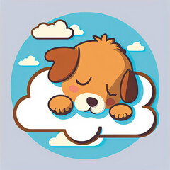 Fototapeta na wymiar Cute Dog Sleep on a Cloud. KAWAII Stylish Comic Stamp. Flat Minimalist Design Art. For UI, WEB, Novel, Game, AD, Poster