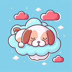 Cute Dog Sleep on a Cloud. KAWAII Stylish Comic Stamp. Flat Minimalist Design Art. For UI, WEB, Novel, Game, AD, Poster